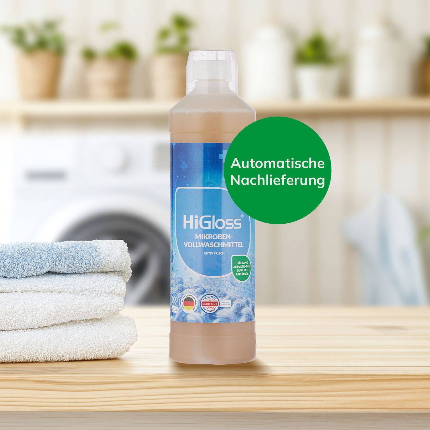 Flasche HiGloss Mikrofaser-Vollwaschmittel mit Aufschrift 'Automatische Nachlieferung'