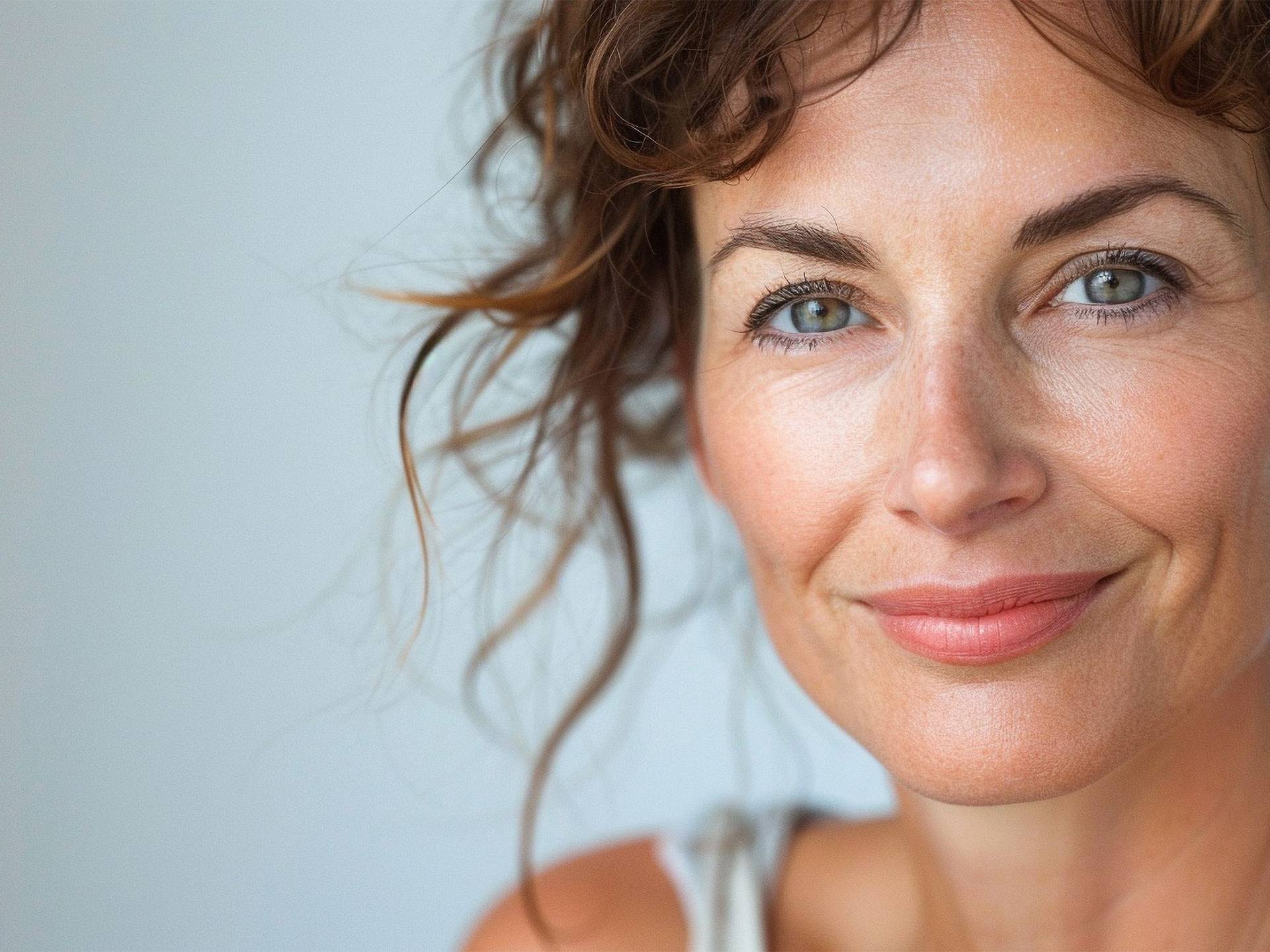 Frau mit lockigem braunem Haar, trägt ein weißes Top, vor hellblauem Hintergrund