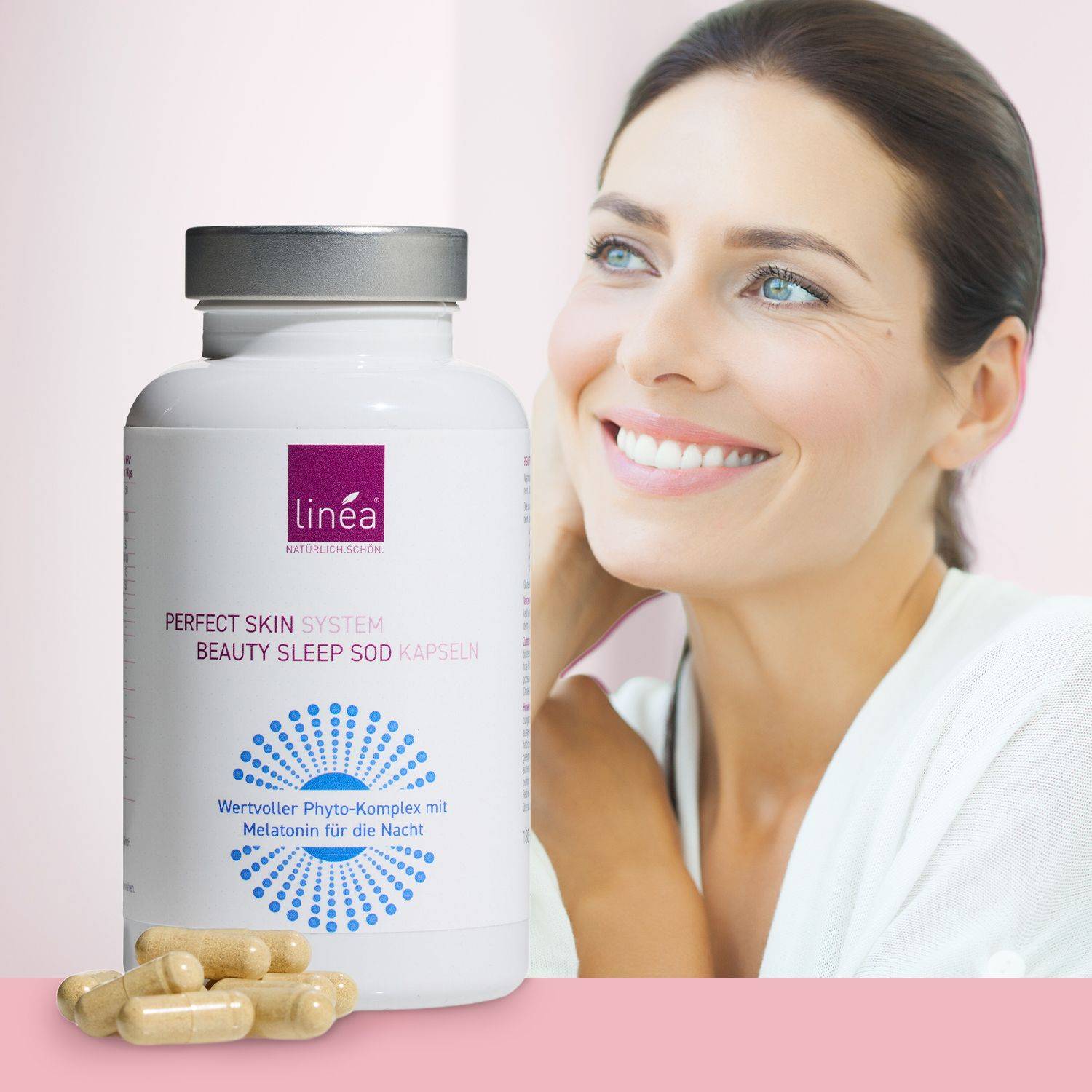 Weißer Kunststoffbehälter mit silbernem Deckel, Aufschrift 'linea', 'PERFECT SKIN SYSTEM BEAUTY SLEEP SOD KAPSELN', daneben mehrere beige Kapseln auf rosa Untergrund.