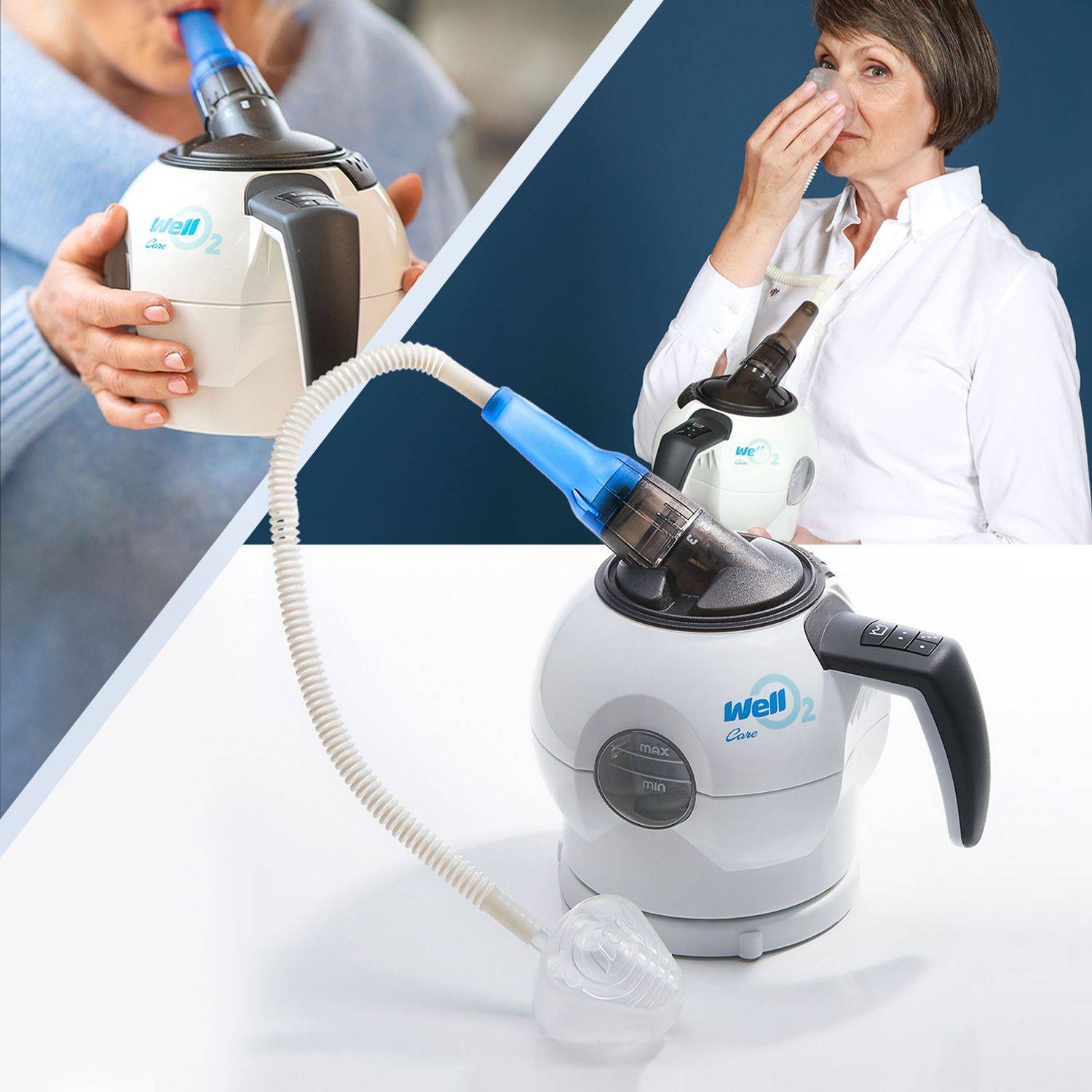 Person hält ein weißes Inhalationsgerät mit schwarzem Griff und blauem Aufsatz, verbunden mit einem Schlauch und einer Maske