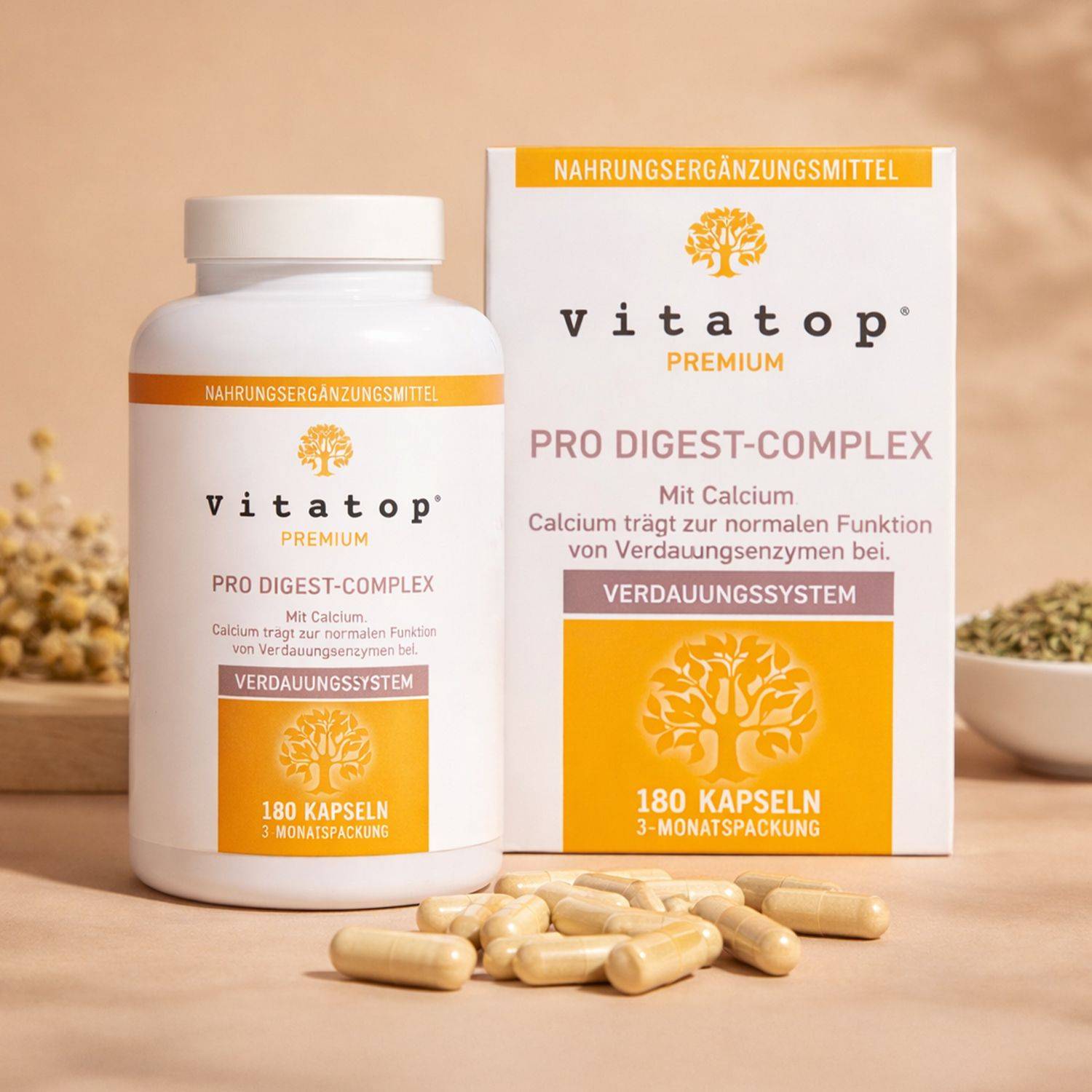 Dose und Verpackung von Vitatop Pro Digest-Complex Nahrungsergänzungsmittel mit mehreren Kapseln davor