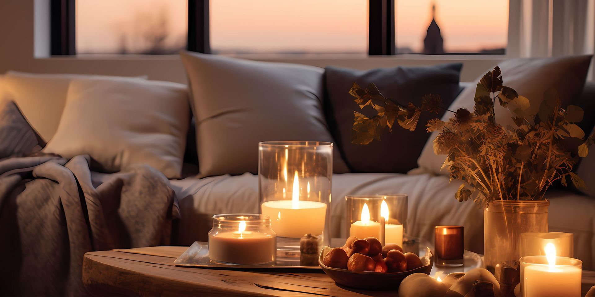 Gemütliche Wohnaccessoires dekoriert auf einem Wohnzimmertisch