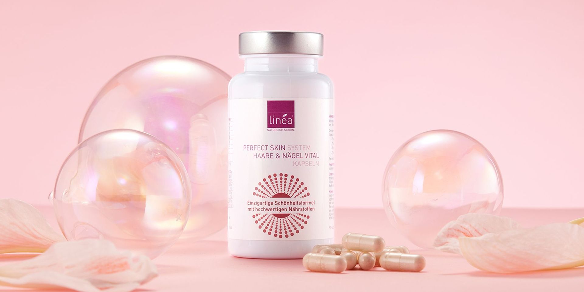 Linea Perfect Skin System Kapseln für Haare und Nägel auf rosa Hintergrund