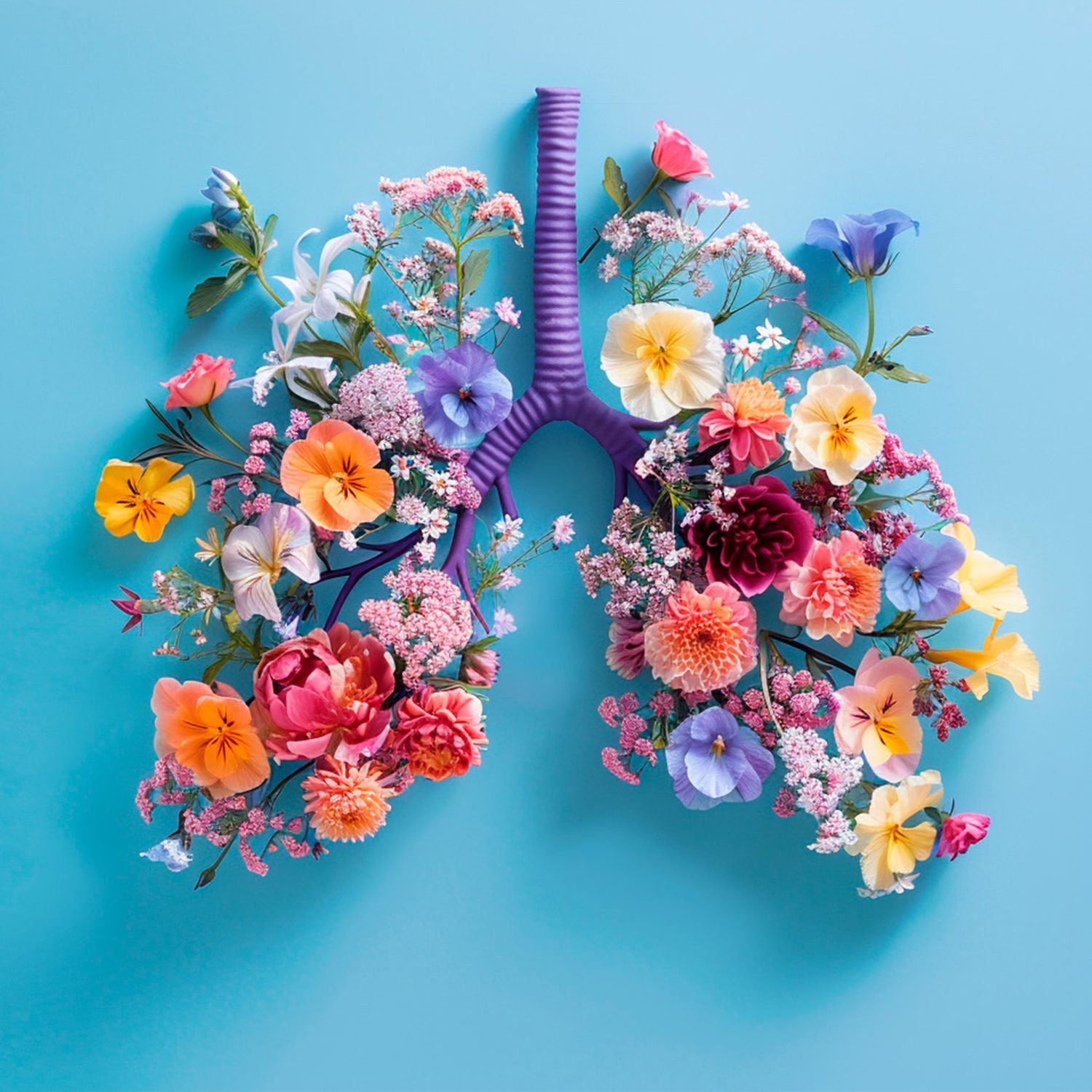 Eine Lunge aus bunten Blumen auf hellblauem Hintergrund.