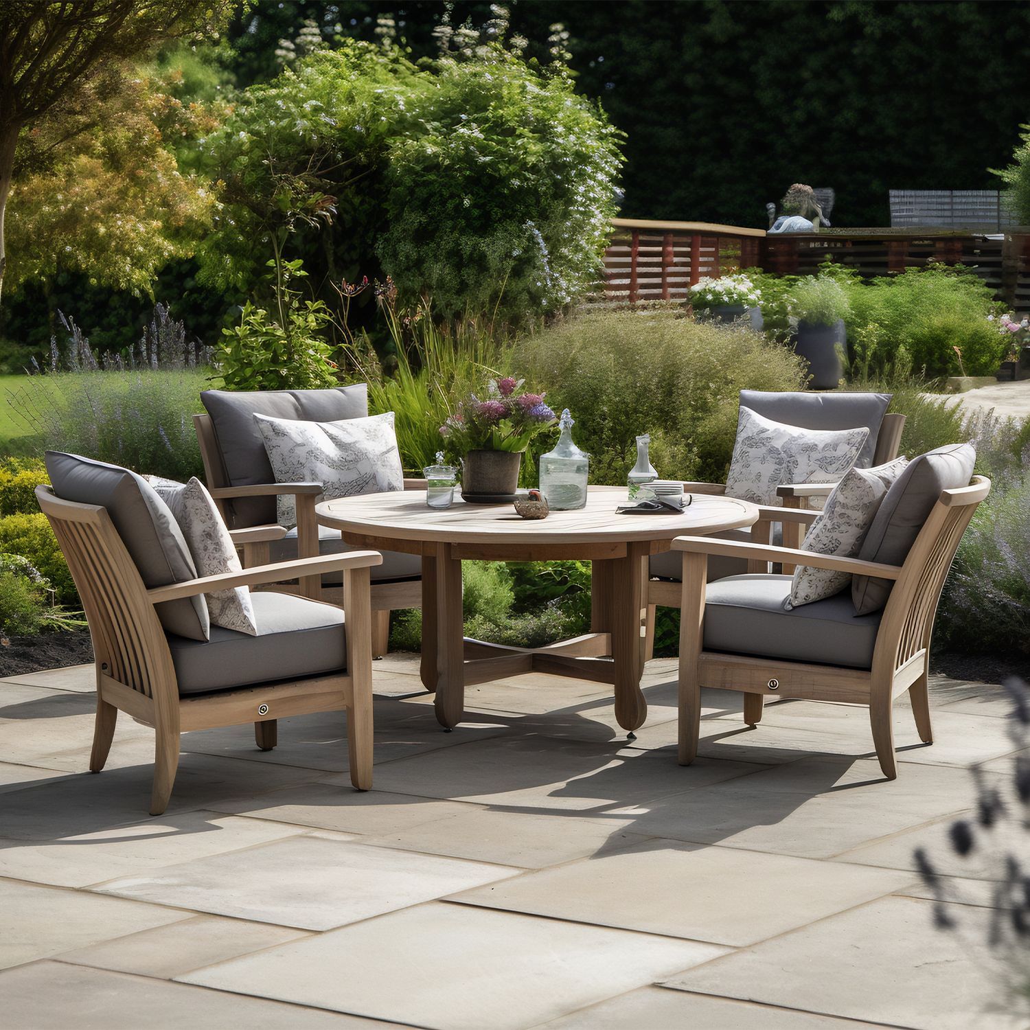 Elegante Gartenmöbelgruppe auf einer Terrasse, umgeben von üppigem Grün im Sonnenschein