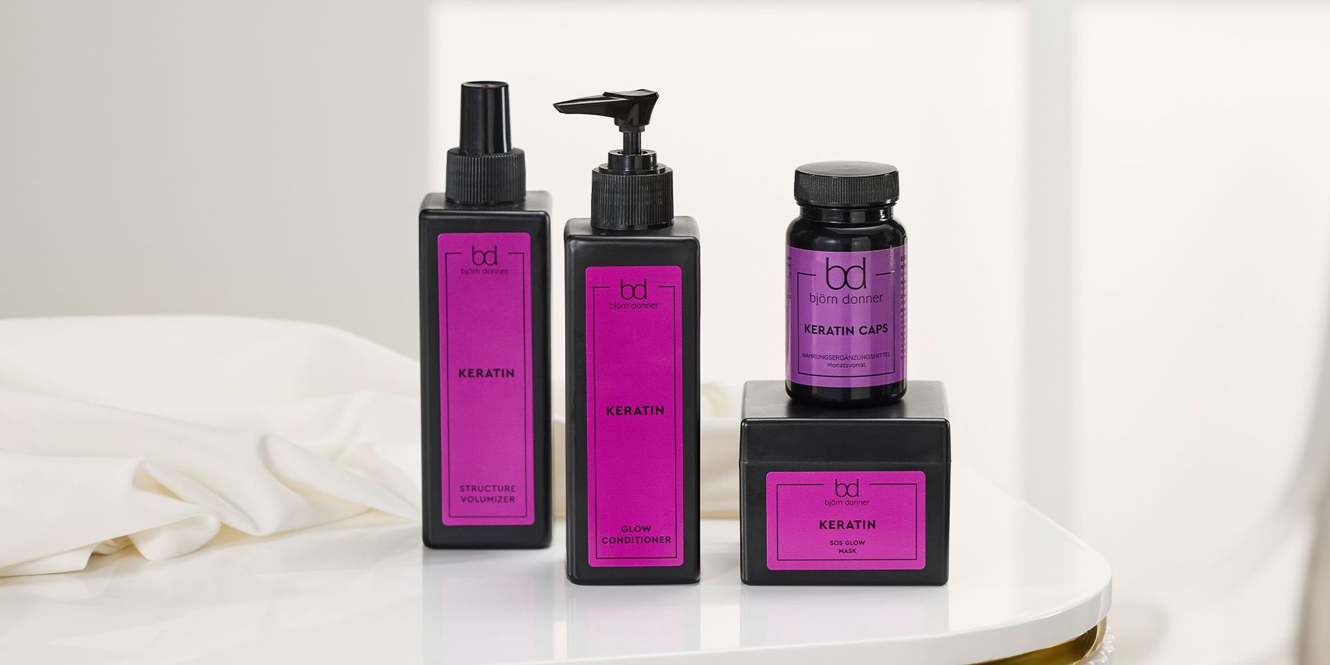 Ausgewählte Produkte aus der Haarpflegelinie Keratin