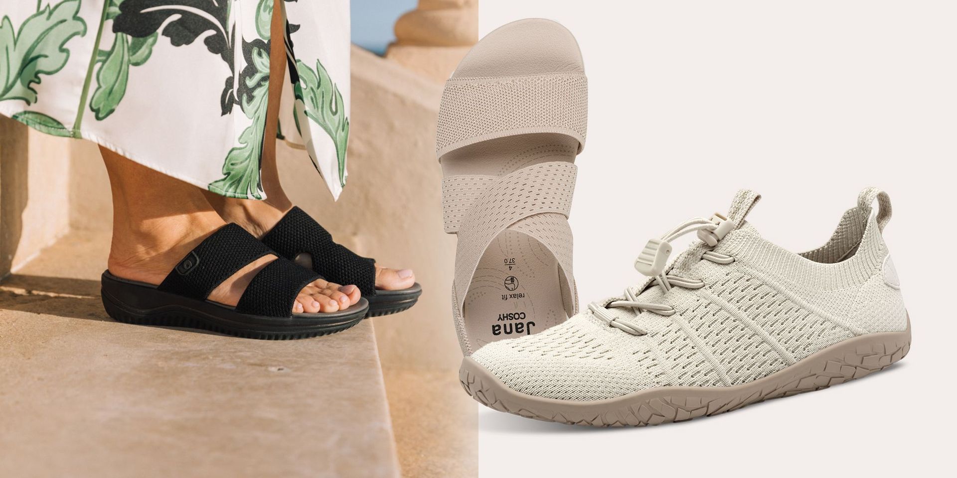 Drei verschiedene bequeme Schuhe: schwarze Sandalen mit zwei breiten Riemen, beige Sandalen mit elastischem Riemen und beige gestrickte Sportschuhe mit Schnürung.