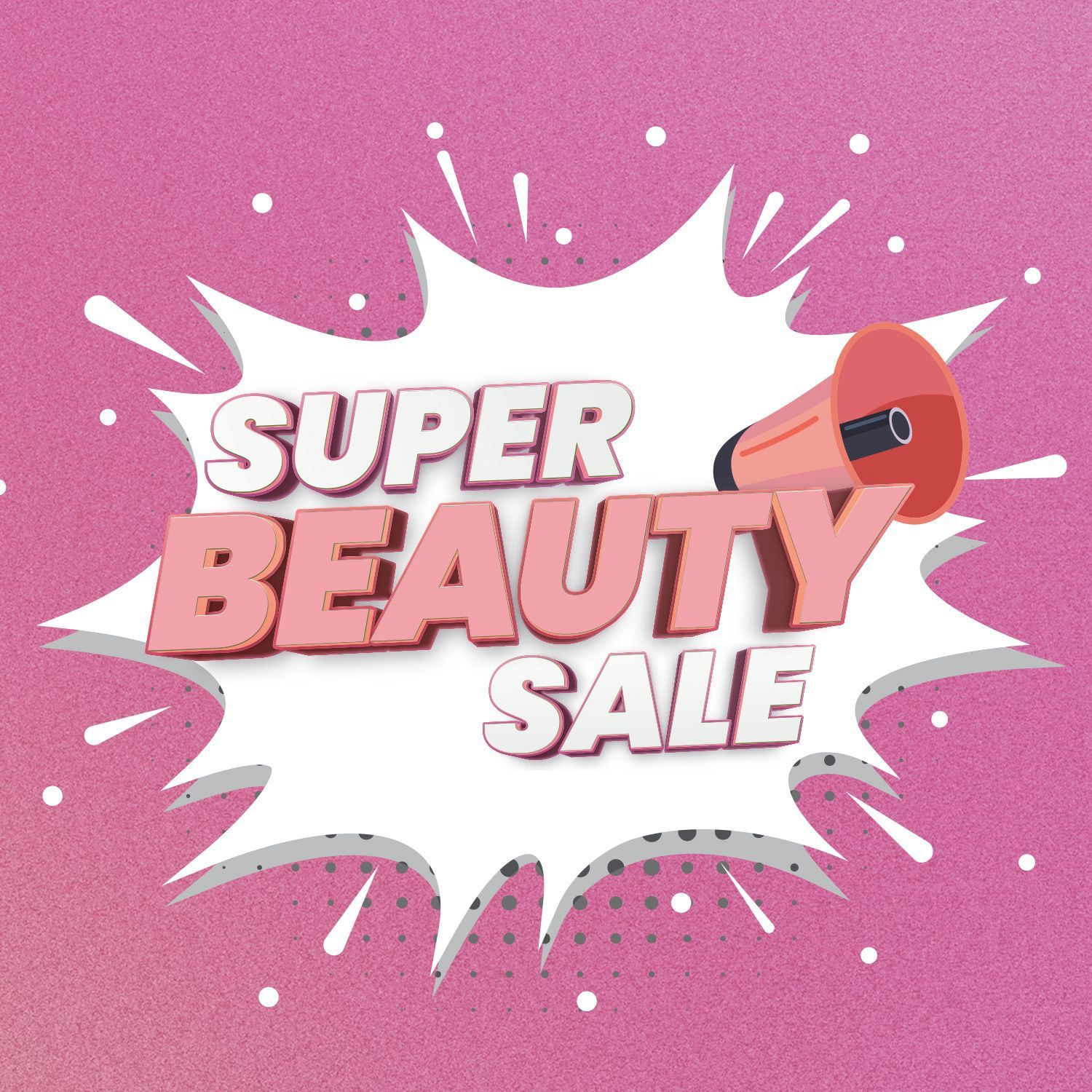 Text 'Super Beauty Sale' in großer Schrift vor weißem Explosionshintergrund auf pinkem Grund