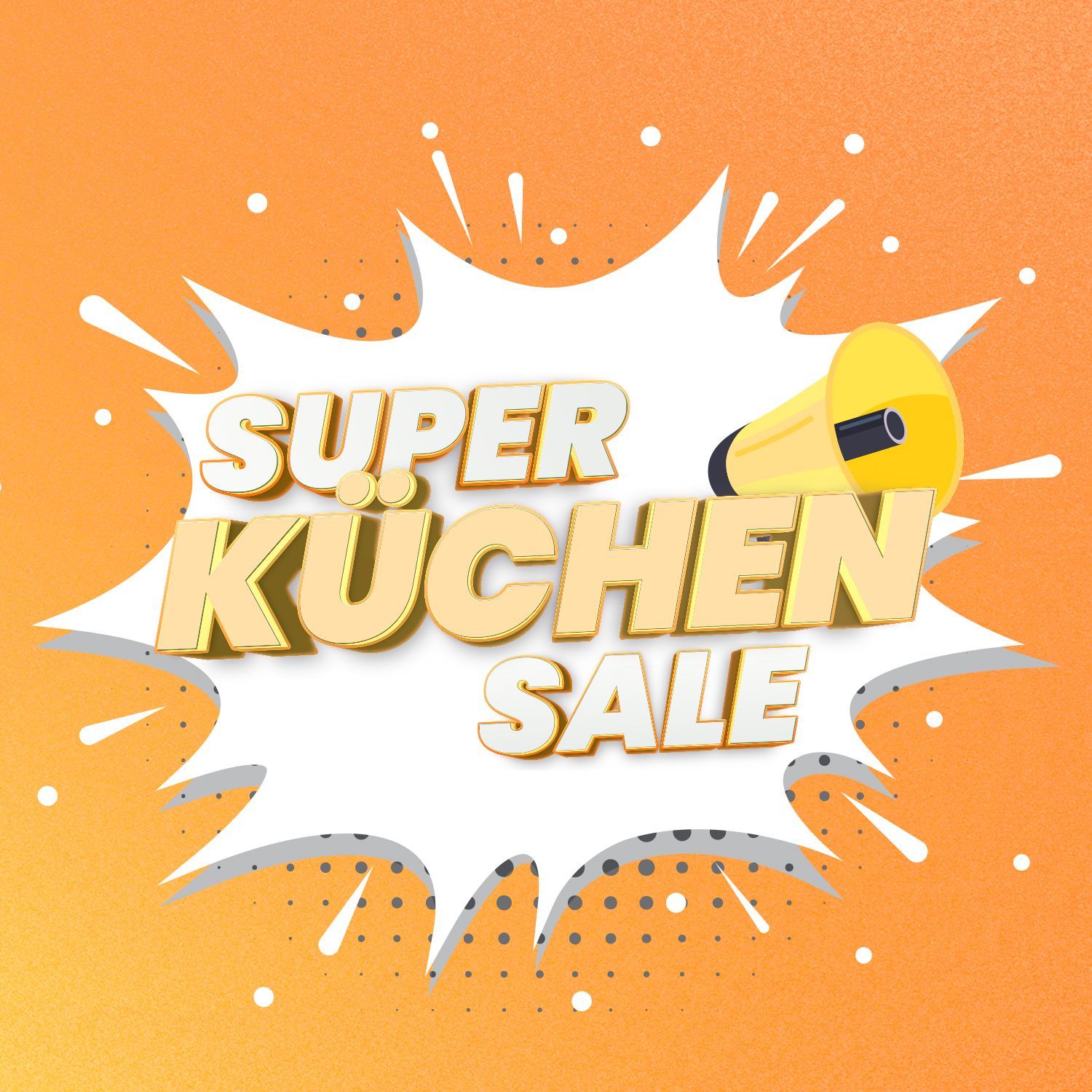 Text 'Super Küchen Sale' mit gelbem Megafon auf orangefarbenem Hintergrund