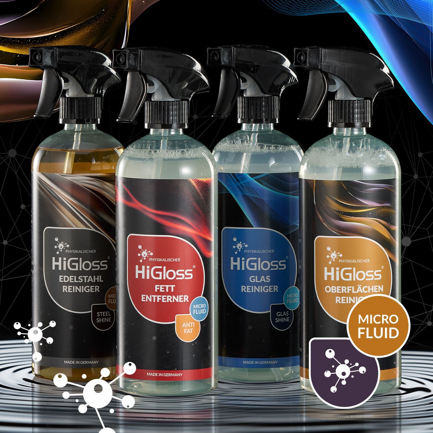 Vier HiGloss Physikalische Reiniger-Sprühflaschen: Edelstahlreiniger, Fettentferner, Glasreiniger und Oberflächenreiniger