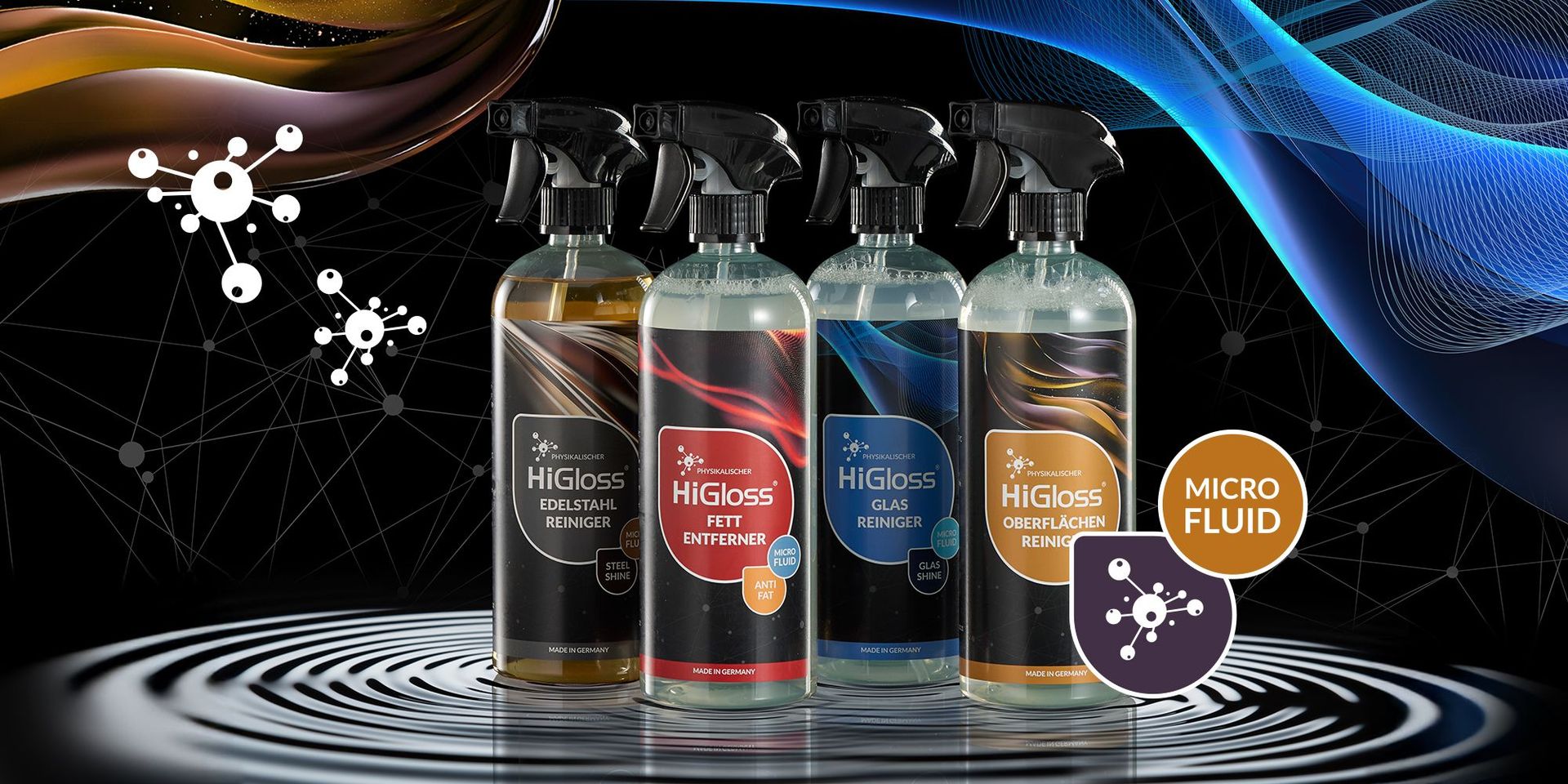 Vier HiGloss Physikalische Reiniger-Sprühflaschen: Edelstahlreiniger, Fettentferner, Glasreiniger und Oberflächenreiniger