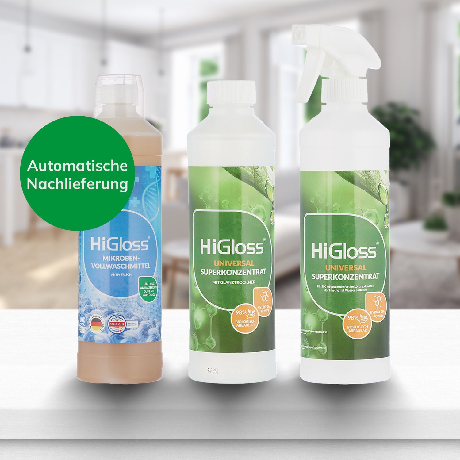 Drei HiGloss Reinigungsprodukte in weißen Flaschen mit blauen und grünen Etiketten, Text 'Automatische Nachlieferung'