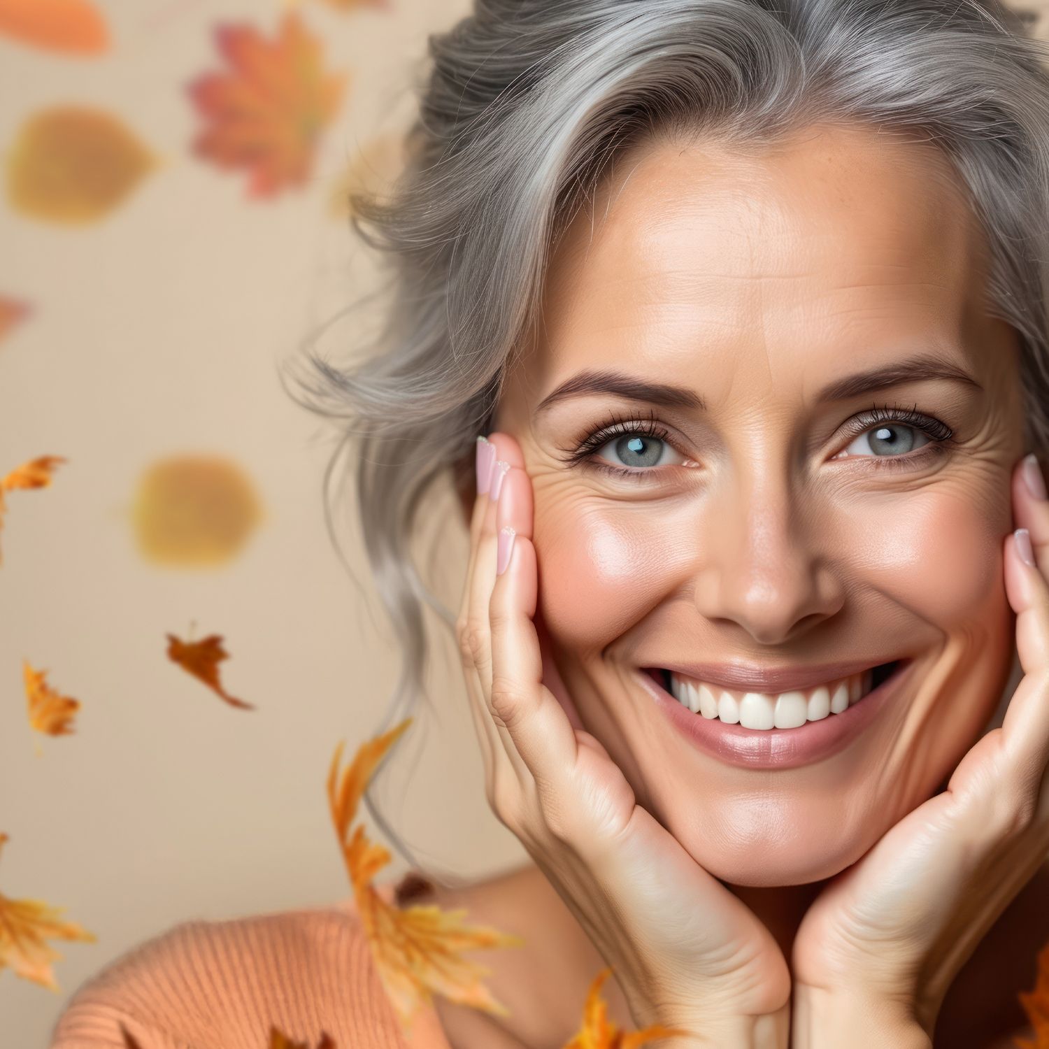 Lächelnde Frau mit grauen Haaren hält ihr Gesicht mit beiden Händen, umgeben von fallenden Herbstblättern