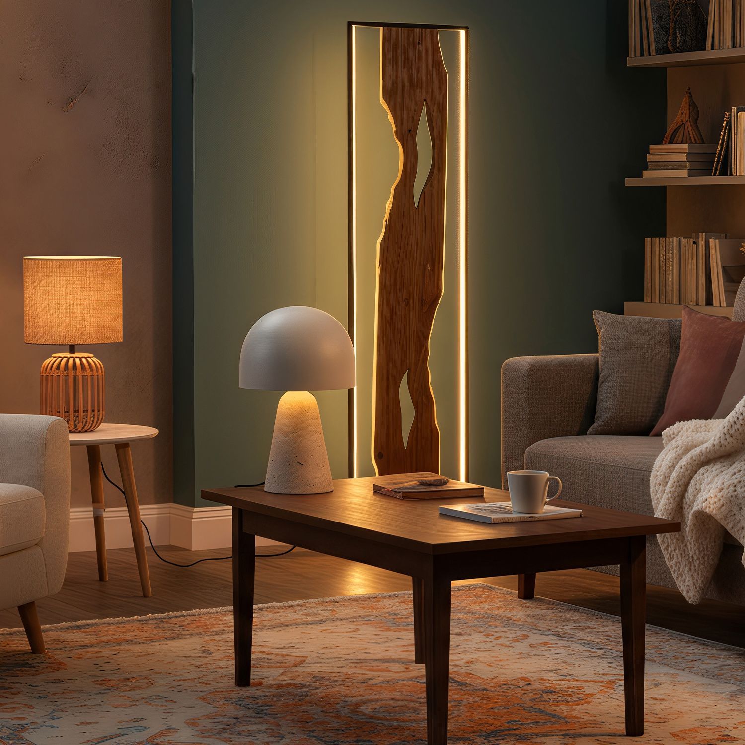 Gemütliches Wohnzimmer mit Kamin, zwei Sofas, einem quadratischen Couchtisch mit Pilzlampe, Stehlampe und Pflanzen auf Beistelltischen.