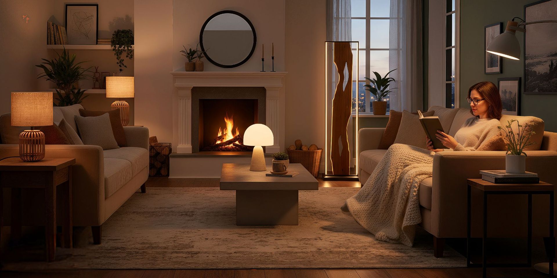 Gemütliches Wohnzimmer mit Kamin, zwei Sofas, einem quadratischen Couchtisch mit Pilzlampe, Stehlampe und Pflanzen auf Beistelltischen.