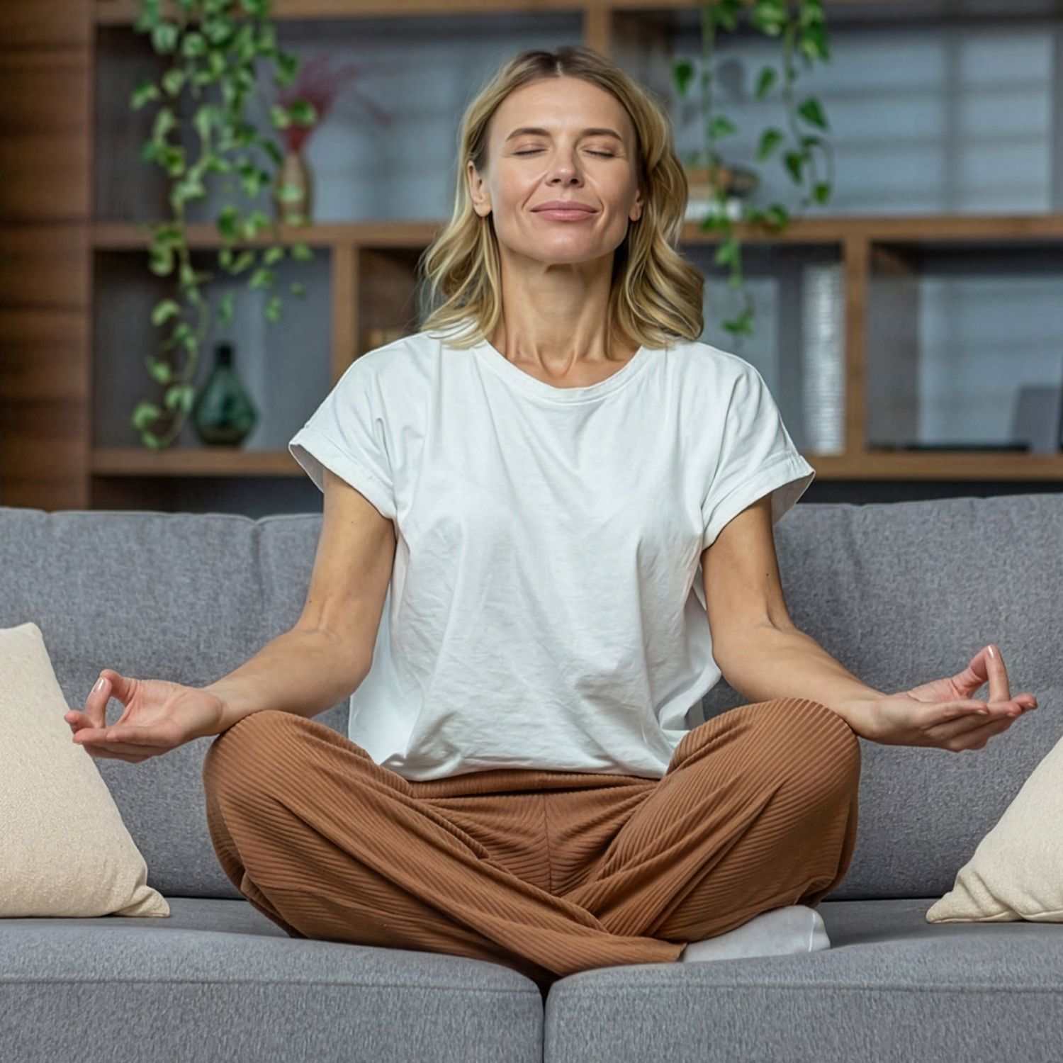 Frau sitzt im Schneidersitz auf grauem Sofa, trägt weißes T-Shirt und braune Hose, Hände liegen entspannt auf den Knien.