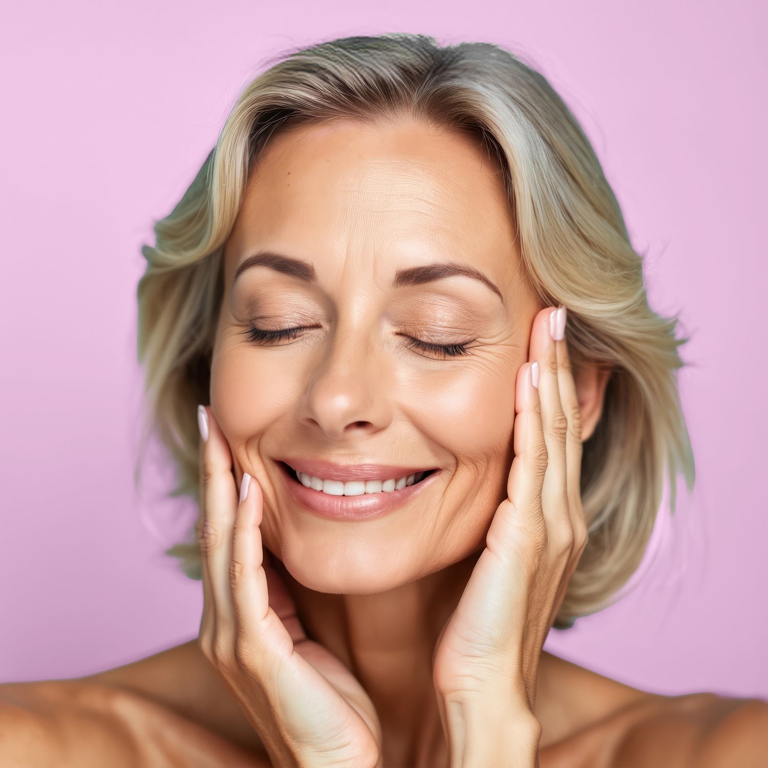 Frau mit schulterlangem, blondem Haar vor rosa Hintergrund, die ihr Gesicht mit beiden Händen berührt.