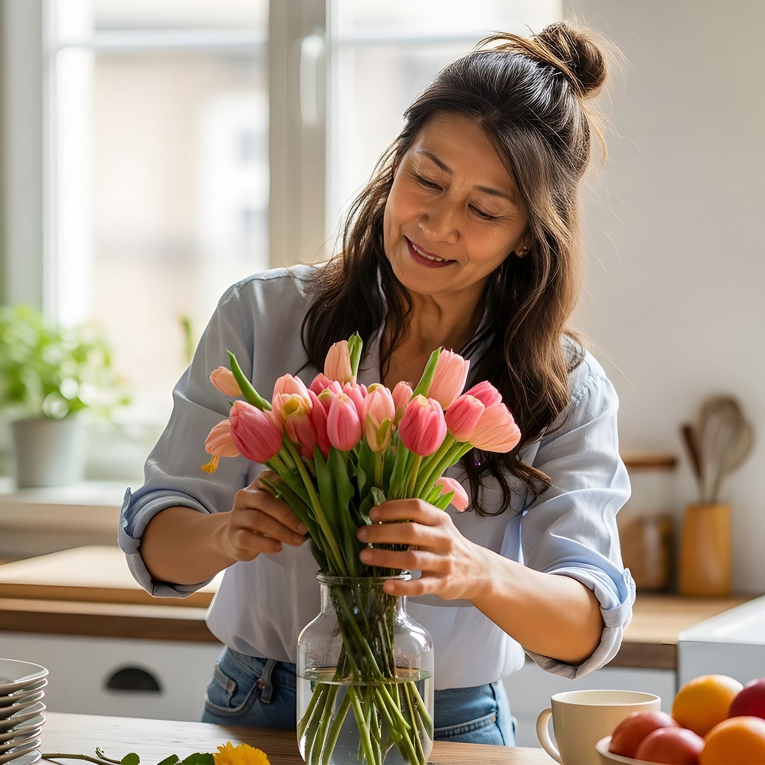 Frau mit hochgestecktem Haar bindet einen Strauß rosa Tulpen in einer hellen Küche mit Geschirr und Obstschale im Hintergrund