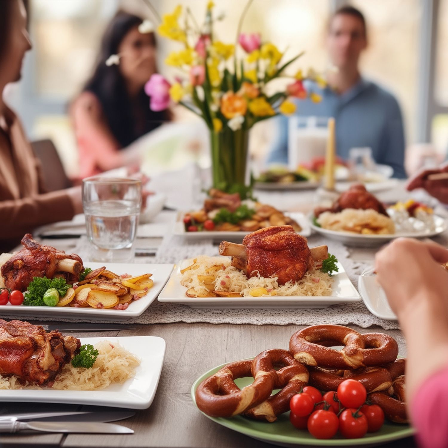 Mehrere Teller mit herzhaften Speisen wie Hähnchenschenkel, Brezeln, Reis und Kartoffeln auf einem gedeckten Tisch, umgeben von Menschen im Hintergrund