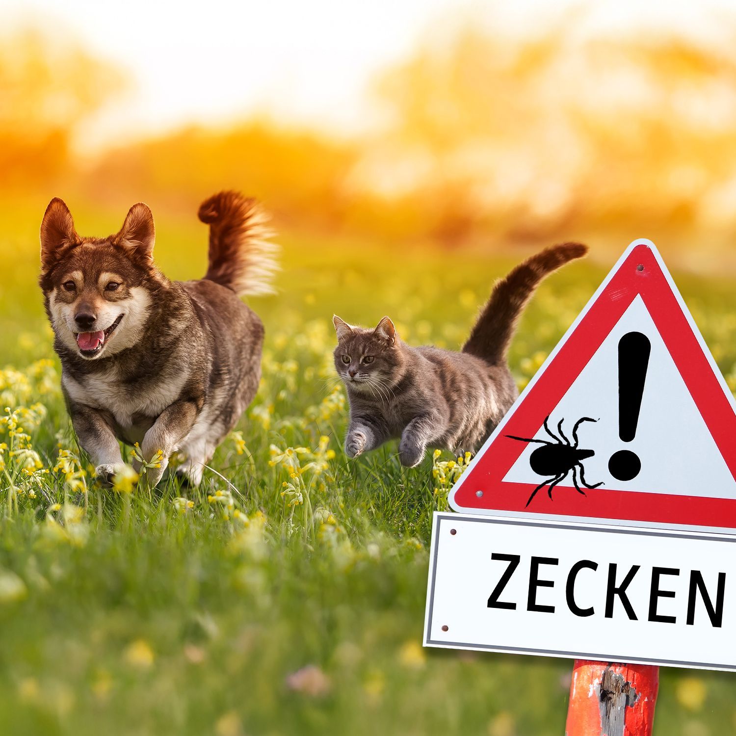 Hund und Katze laufen auf einer Wiese mit gelben Blumen neben einem Warnschild mit Zeckensymbol und dem Text 'ZECKEN!'