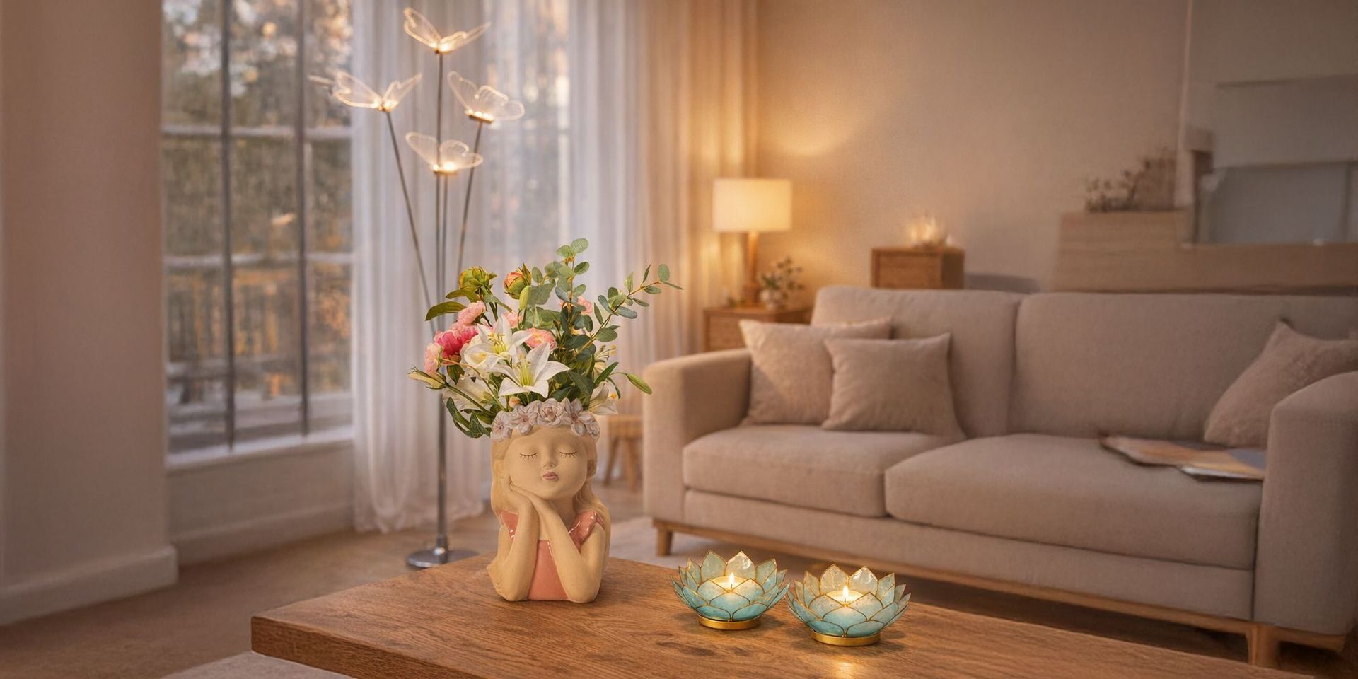 Wohnzimmer mit grauem Sofa, Stehlampe, Blumenstrauß in Vase auf Holztisch und zwei brennenden Kerzen in blauen Lotusförmigen Haltern