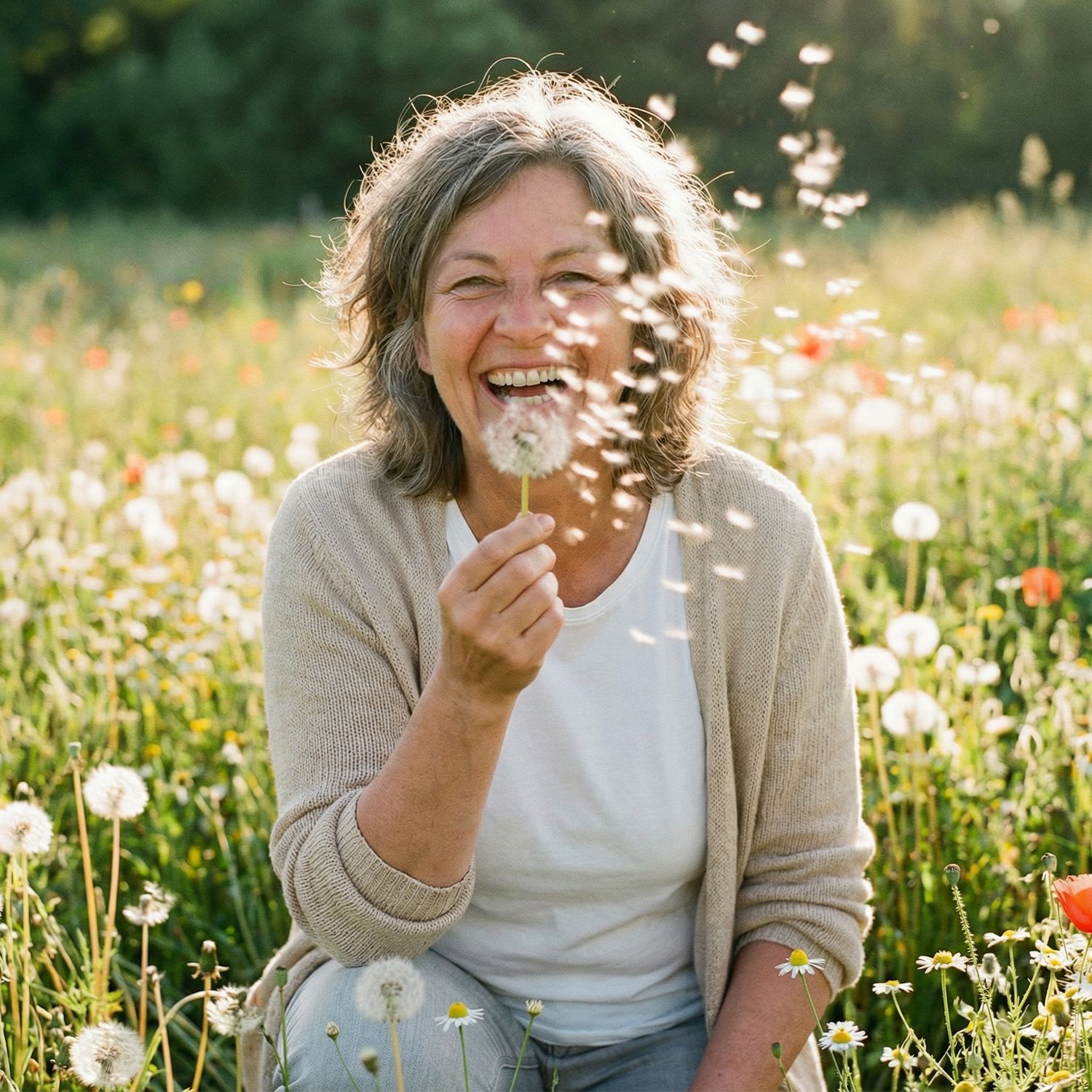 Person mit lockigem Haar hält eine Pusteblume vor sich in einer Wiese mit Mohnblumen und Gras