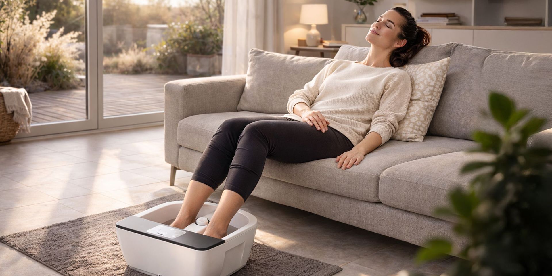 Frau sitzt entspannt auf einem Sofa mit den Füßen in einem elektrischen Fußmassagegerät auf einem Teppich vor dem Sofa