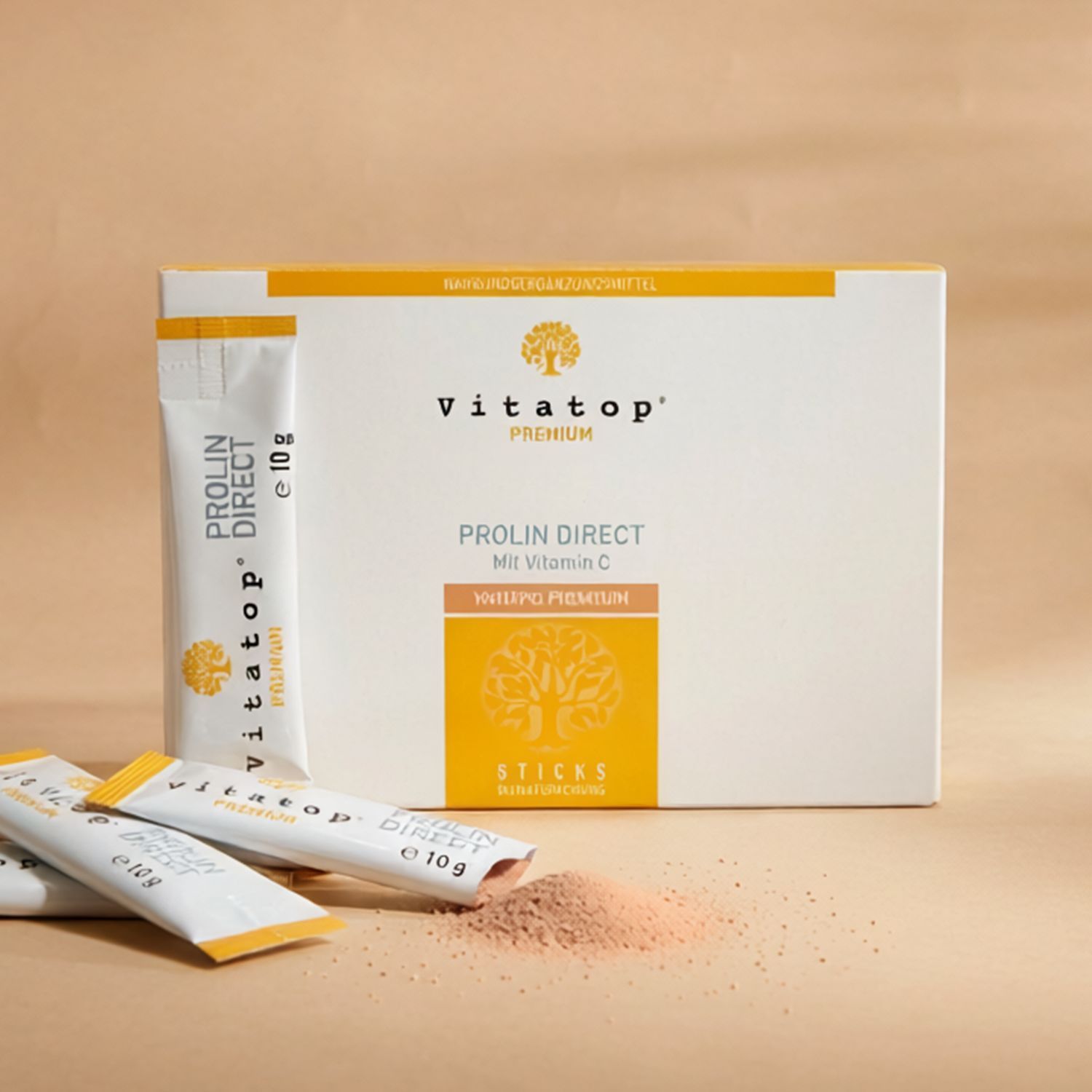 Packung und einzelne Sticks des Nahrungsergänzungsmittels Vitatop Prolin Direct mit Vitamin C vor beigem Hintergrund
