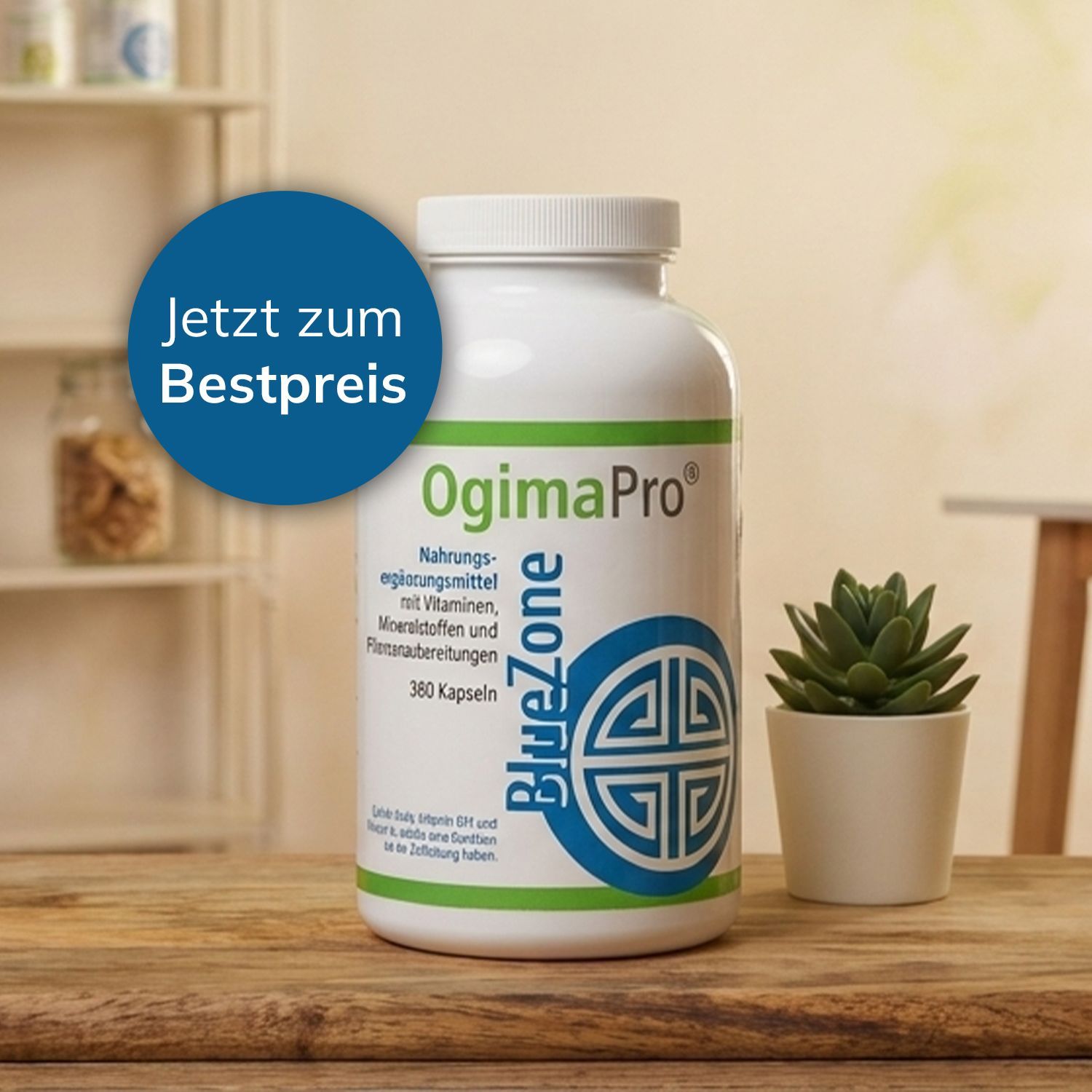 Weißer Nahrungsergänzungsmittelbehälter mit grün-blauem Etikett 'OgimaPro blueZone' neben grüner Sukkulentenpflanze im weißen Topf auf Holztisch