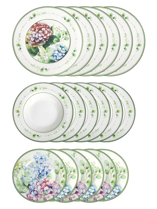 Produktbild von BRANDANI Porzellan Geschirrset "Flora" aus flachen Tellern, Suppentellern, Desserttellern, mit Hortensien, 18-teilig