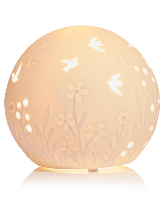 Produktbild von Tischlampe aus Keramik in Kugelform mit Vogelmotiv, E14, 16 cm, 25 W