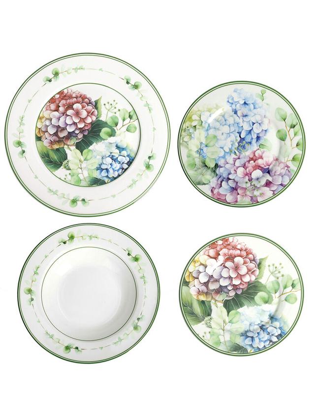 Produktbild von BRANDANI Porzellan Geschirrset "Flora" aus flachen Tellern, Suppentellern, Desserttellern, mit Hortensien, 18-teilig