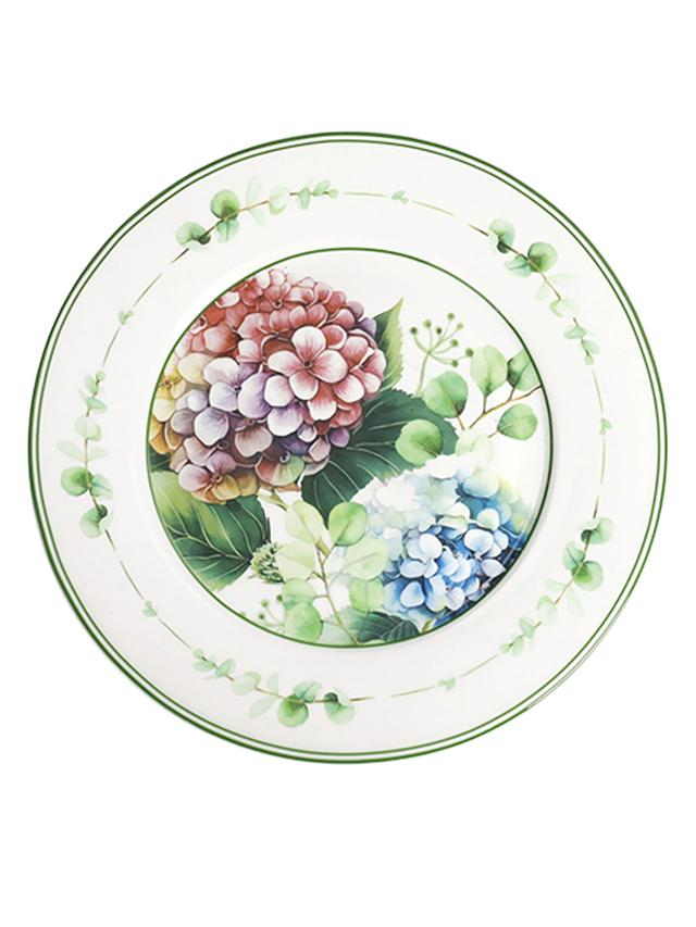 Produktbild von BRANDANI Porzellan Geschirrset "Flora" aus flachen Tellern, Suppentellern, Desserttellern, mit Hortensien, 18-teilig