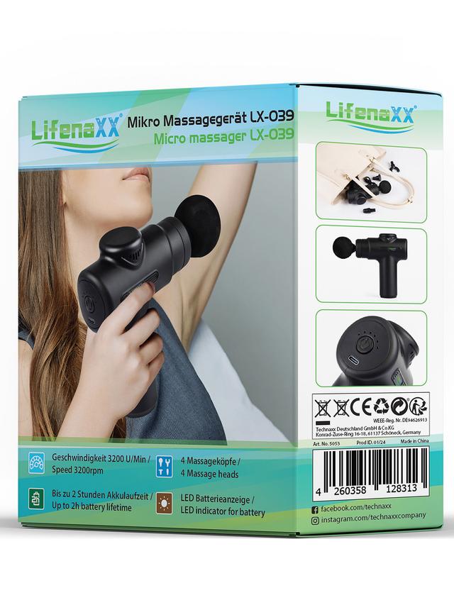 Produktbild von LifenaXX Massagepistole mit 4 Aufsätzen gegen verspannte Muskeln, kabellos, 25 W
