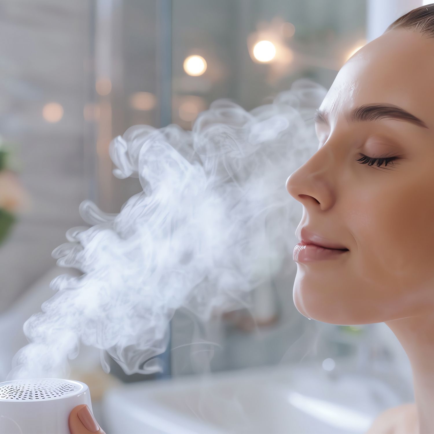 Beauty- & Wellness-Geräte Frau vor einer Gesichtssauna