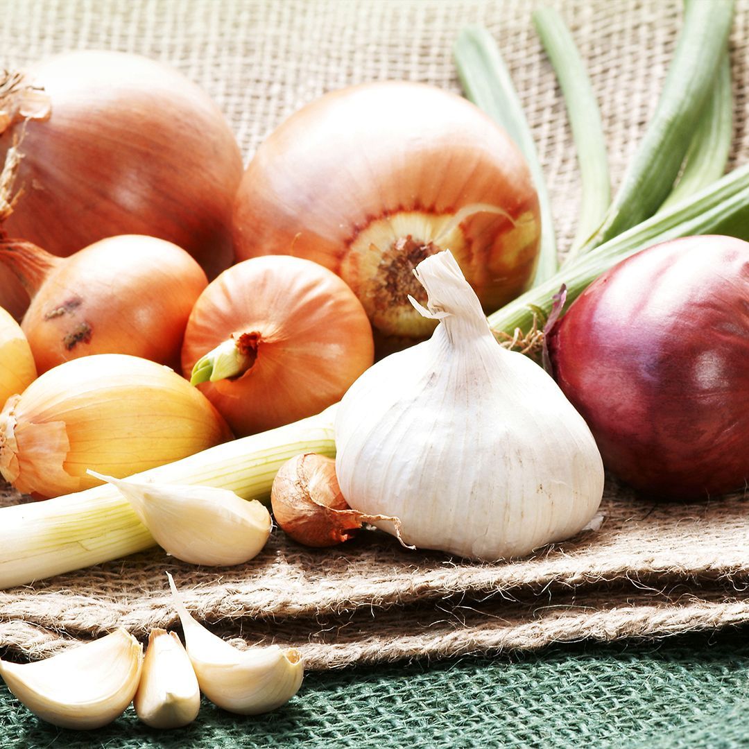 Zwiebeln und Knoblauch Nahaufnahme von verschiedenen Zwiebeln und Knoblauch auf einem groben Stoffuntergrund.