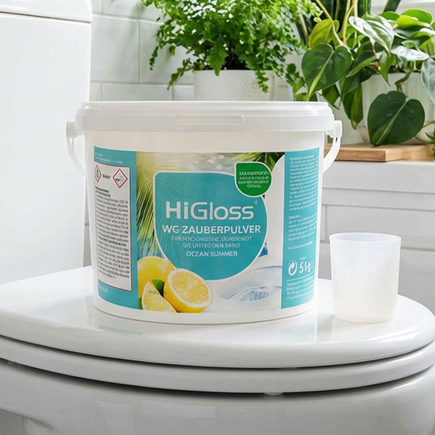 Erleben Sie frische für Ihr Bad Eimer mit HiGloss WG Zauberpulver zur Badreinigung, daneben ein Messbecher, im Hintergrund grüne Pflanzen und weiße Fliesen.