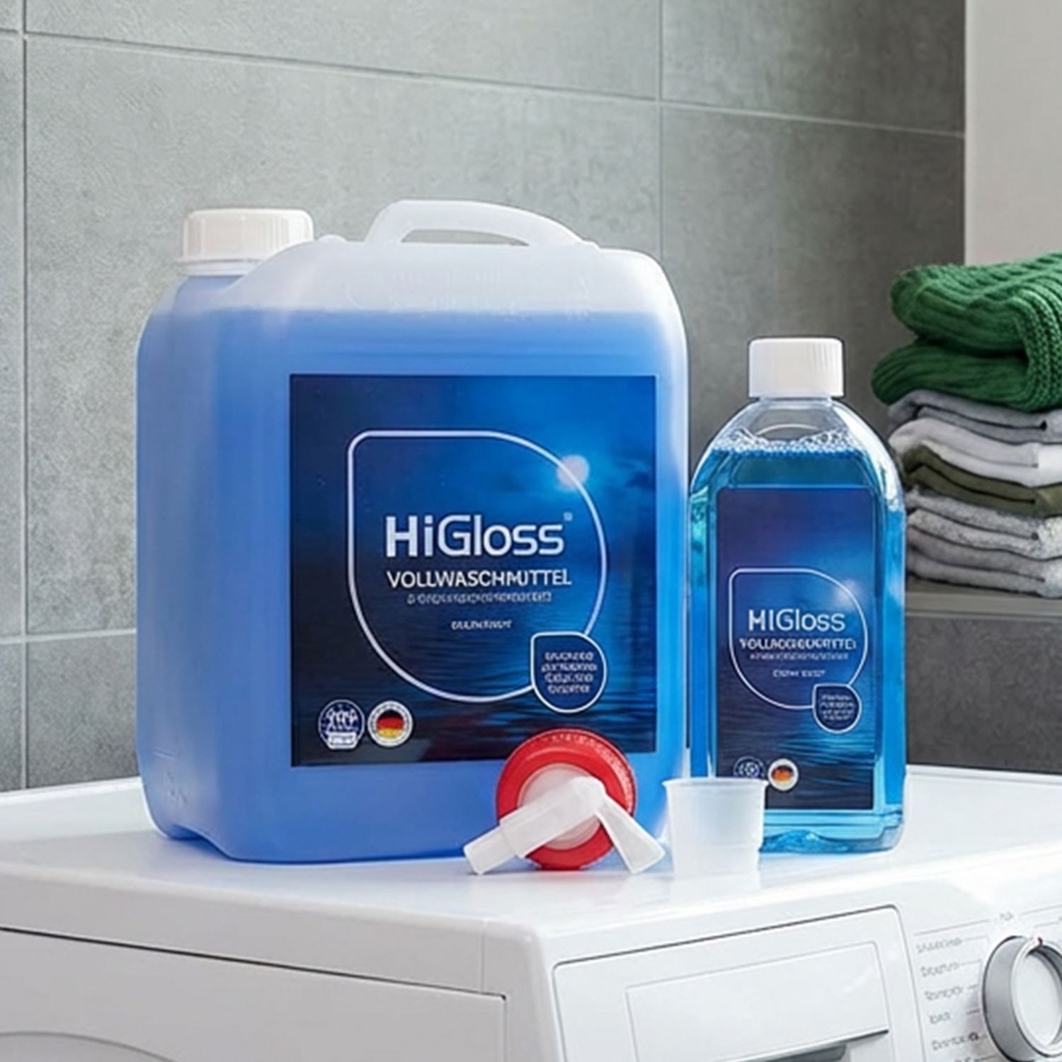 Duftende Wäsche & Textilien Großer und kleiner Behälter mit blauer Flüssigkeit und Etikett 'HiGloss Vollwaschmittel' auf einer Waschmaschine, daneben ein Dosierbecher und ein roter Verschluss, im Hintergrund gefaltete Handtücher auf einem Regal.