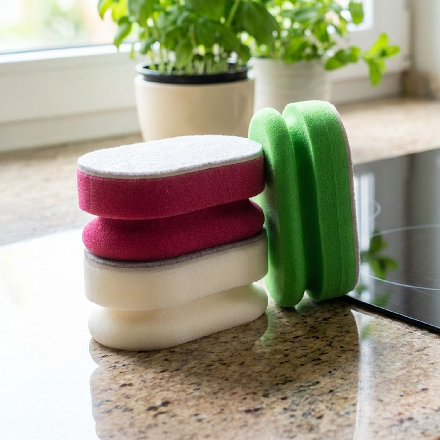 Universalreinigung & Zubehör Mehrere unterschiedlich geformte und farbige Reinigungsschwämme stehen auf einer Küchenarbeitsplatte neben einem Smartphone.