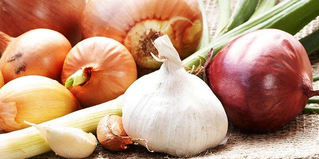 Zwiebeln und Knoblauch Nahaufnahme von verschiedenen Zwiebeln und Knoblauch auf einem groben Stoffuntergrund.