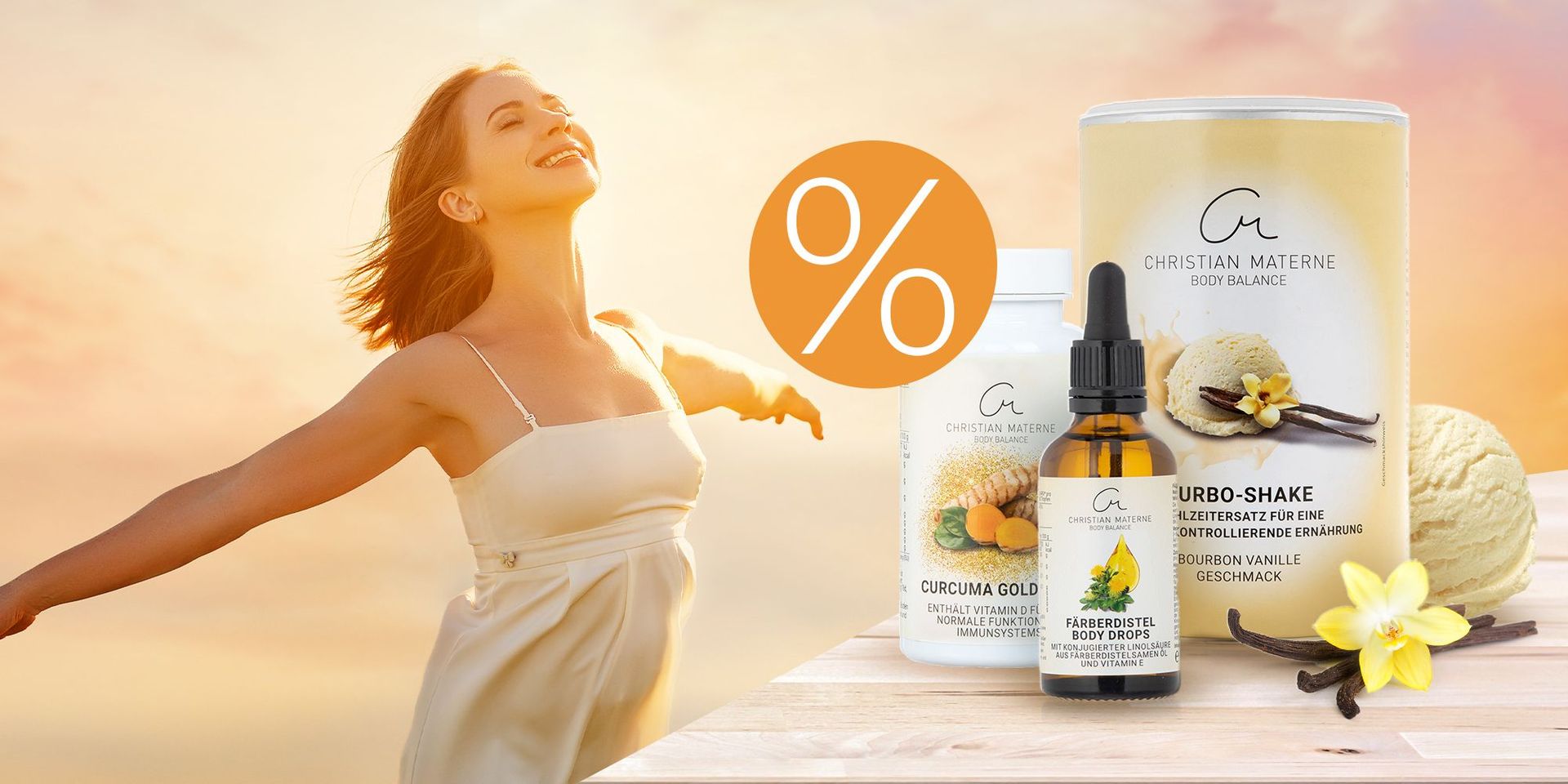 Zu den Angeboten Frau mit ausgestreckten Armen vor Sonnenuntergang neben drei Produkten von Christian Materne Body Balance mit Prozentzeichen